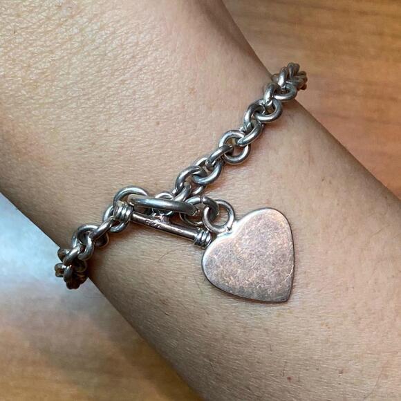 Sterling Silver Heart Charm Toggle Clasp Fashion Link Bracelet For Women - Picture 2 of 9